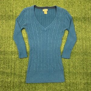 Y2K Arizona Jean Co V-Neck Cable Knit Sweater Teal Blue Longline Slim Fit